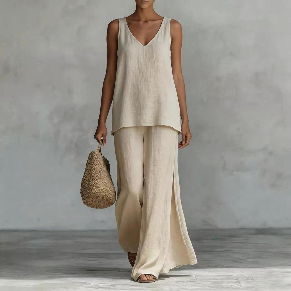 Women's Bohemian Wide Leg Pants and V Neck Cami Top Set - Flowy Summer Outfit