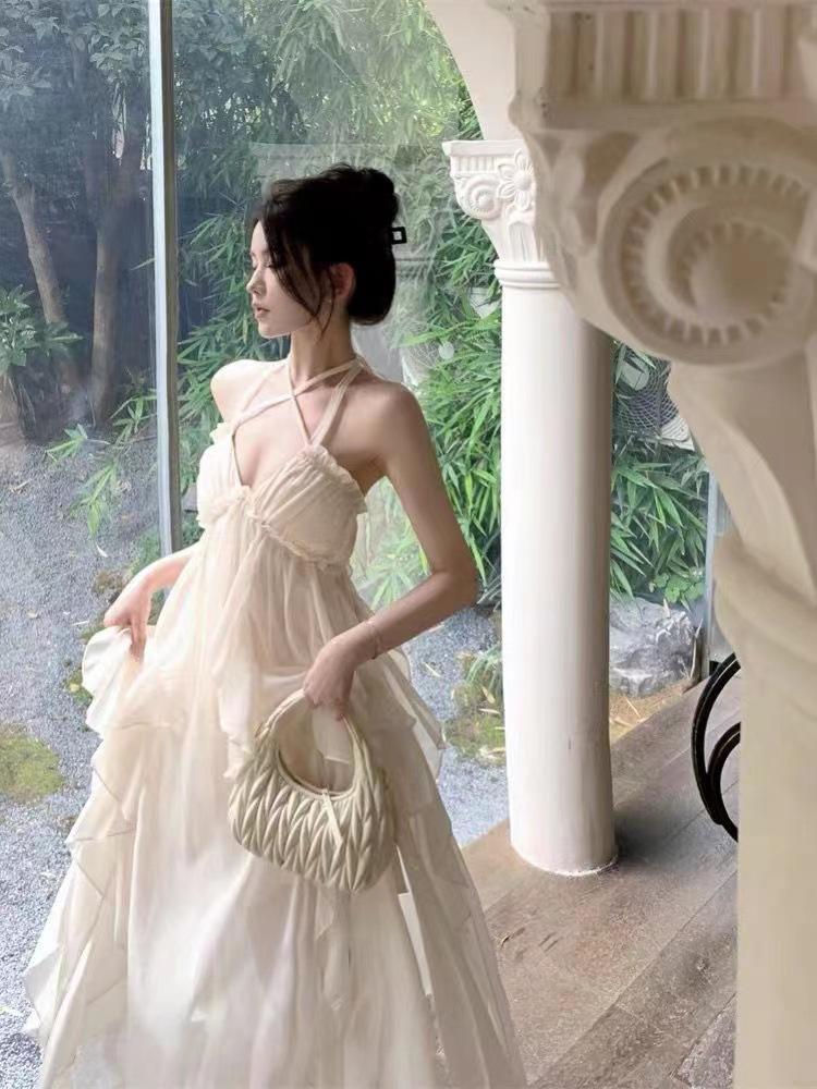 Heavy Industry Neck Sling Dress Women's Summer Long Dress Photo Backless Seaside Vacation Beach Dress
