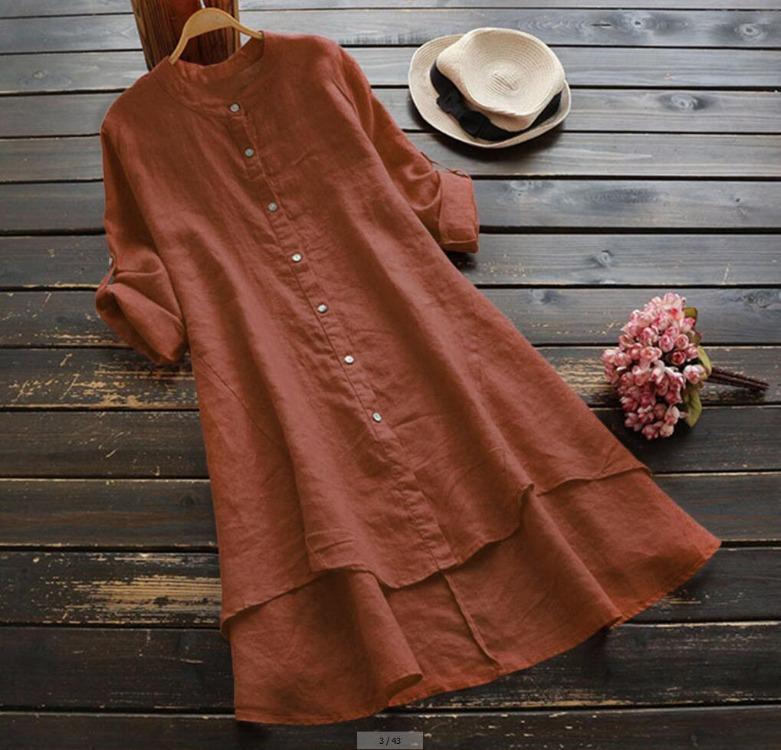 2025 Spring Summer Women’s Long Shirt Cotton Linen Solid Color Buttoned