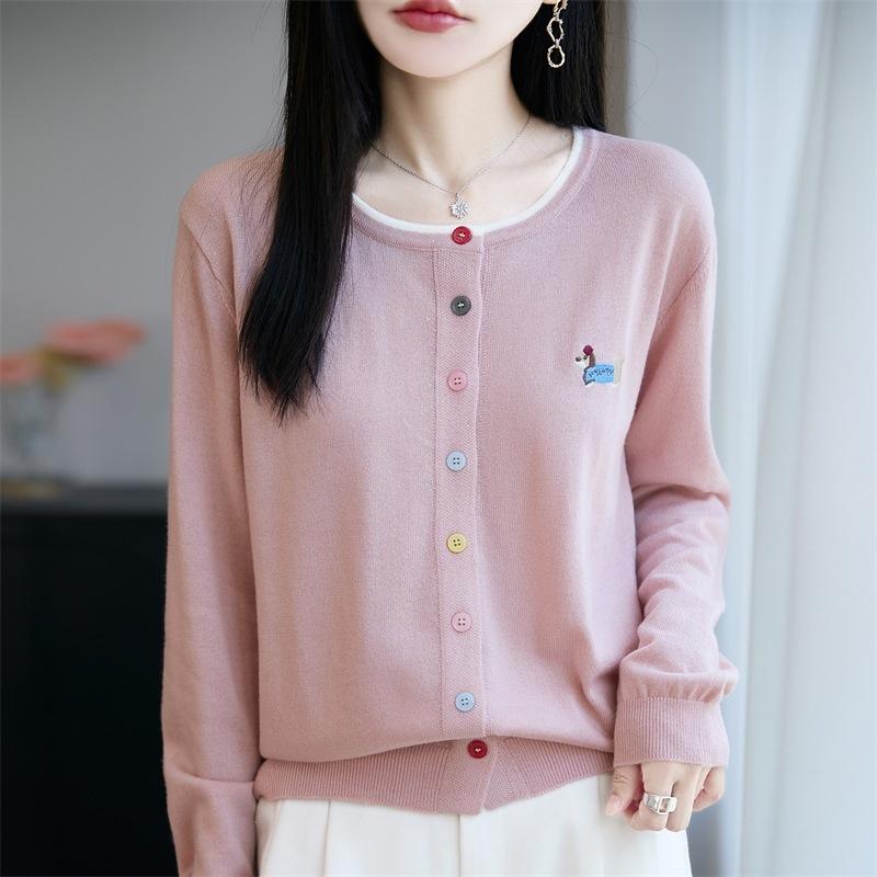 Round-neck Knitted Cardigan with Long Sleeves, Embroidered Puppy Pattern In Multi-color, As A Coat or Outerwear