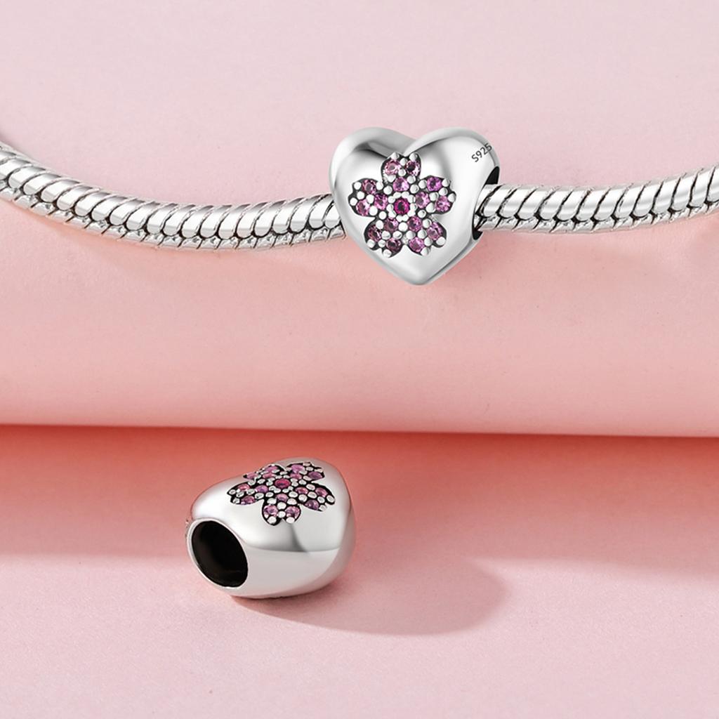 Beads Copper Charms Original Heart Zircon Peach Blossom Beads Fit Bracelet Jewelry Diy Women Fine Gift Accessory