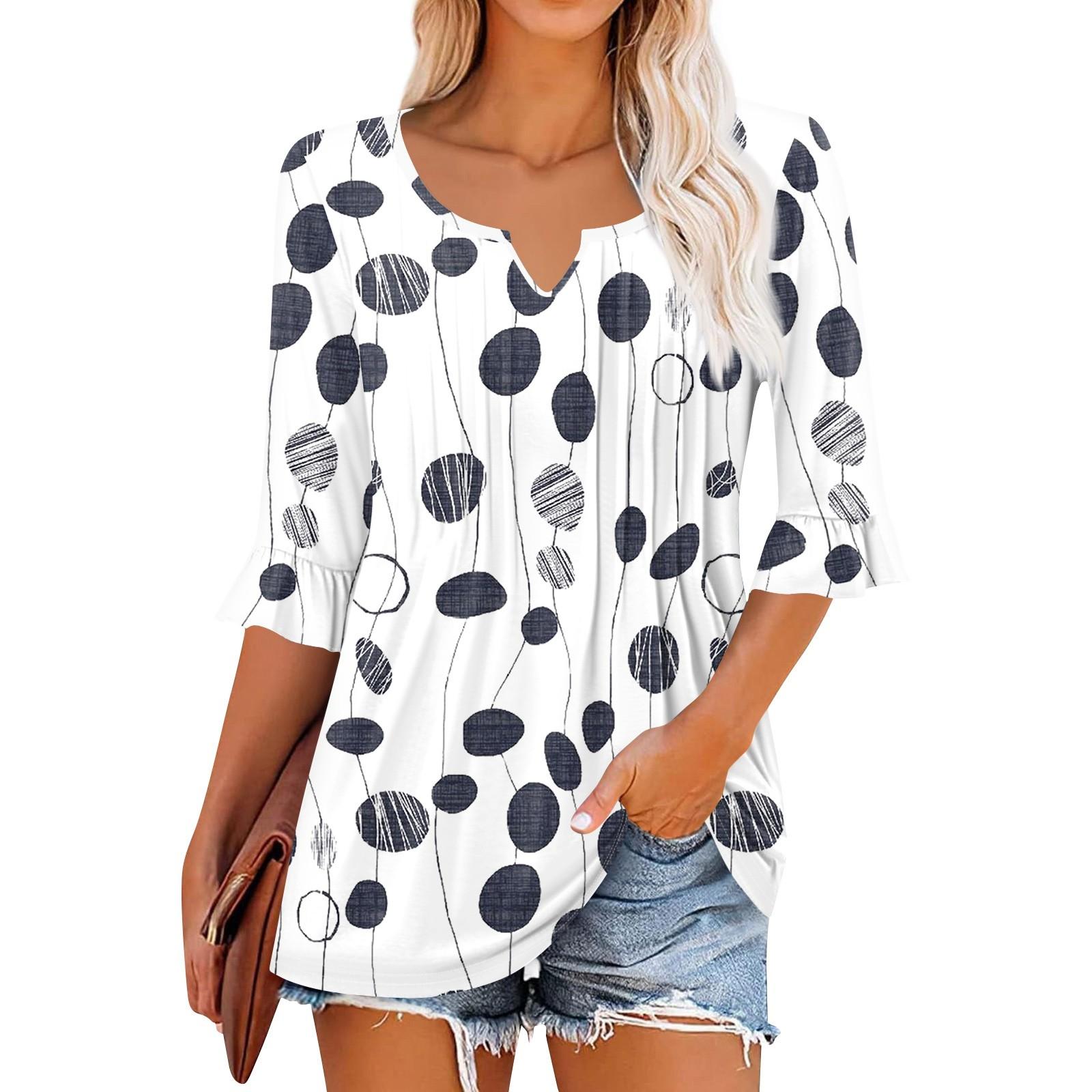 

3/4 рукава топы для женщин повседневные оборки V-образный вырез футболки рабочие блузки нарядные туники топы M тёмно-синий