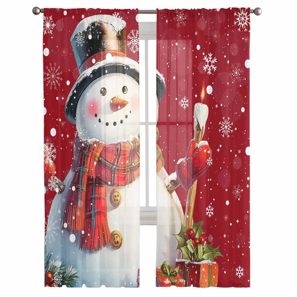 Christmas Snowman Snowflake Red Sheer Curtains for Living Room Decoration Window Curtains Kitchen Tulle Voile Curtains