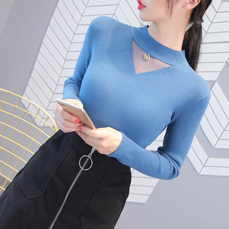 Autumn/winter Women's Knitted Bottoming Shirt Half Turtleneck Mesh Cutout Sweater Slim Knit Sweater Pullover Jumper Top