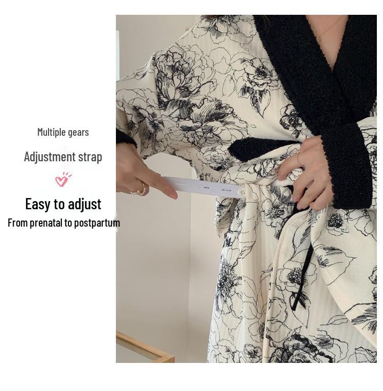 Plus Size Maternity Kimono Pajamas - Autumn/Winter Cotton for Postpartum & Breastfeeding
