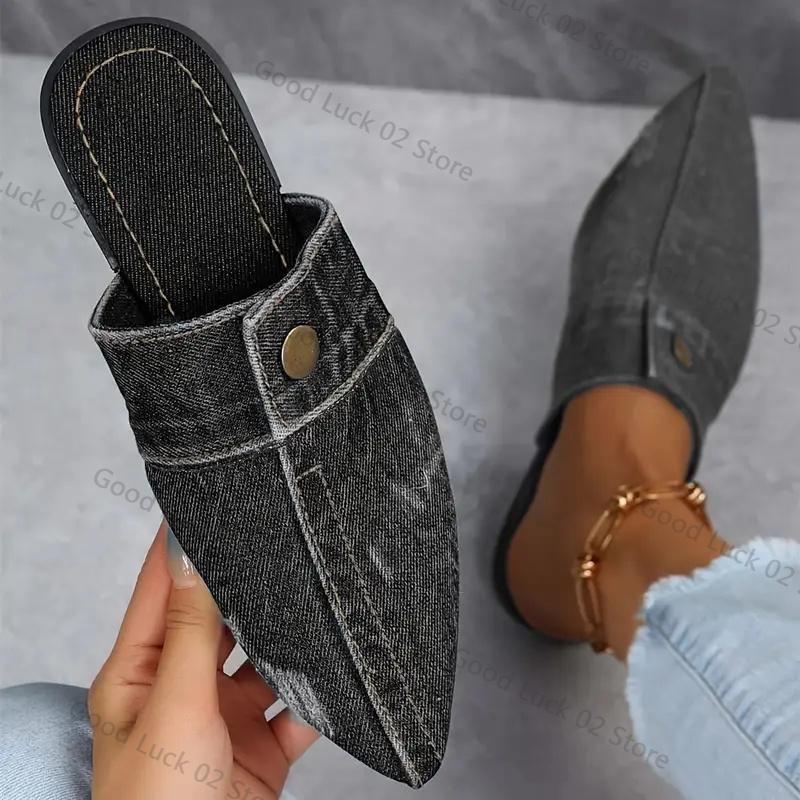 

Fashion 2025 New Beach Sandals Slides Women Slippers Comfortable Versatile Slippers Women Denim Round Toe Flat Women Zapatos De Mujer 35 чёрный