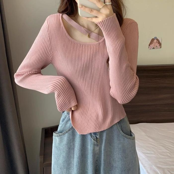 Autumn and Winter Thin Slim-fit Inside Long-sleeved Bottom Knitwear Trendy Design Sense Small Irregular Short Sweater Woman