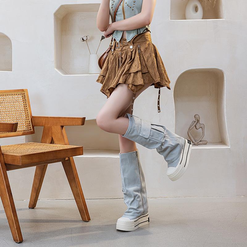 12CM Heightening Thick-soled Canvas Boots Women's Double-layer Irregular Design Tooling Boots Wrinkled Trousers Long Boots Popular Shoes