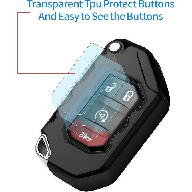 Autophone Compatible With Jeep Key Fob Cover With Leather Keychain Soft TPU Protection Key Case For 2018-2025 Wrangler JL JLU Rubicon Wagoneer