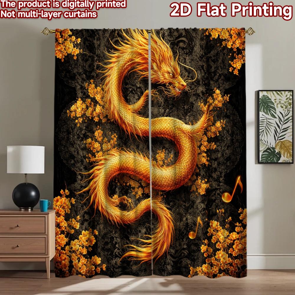 2D flat printing 2pcs Curtain Scene Curtains Chinese Golden Dragon Digital Printed Polyester Drapes Holiday Decorations for Home