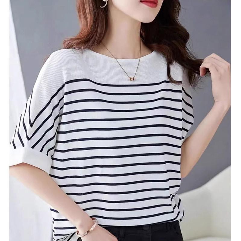 Striped Patchwork Blouse Women Half Sleeve Office Wear Summer T-shirt Loose Casual O-neck Tunic Tops