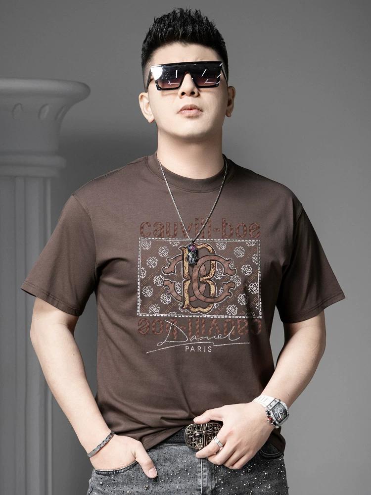 European Goods 2025 New Summer Loose Round Neck Short Sleeve T-shirt Men's Casual Fashion Brand Print Hot Drilling Half Sleeve Top