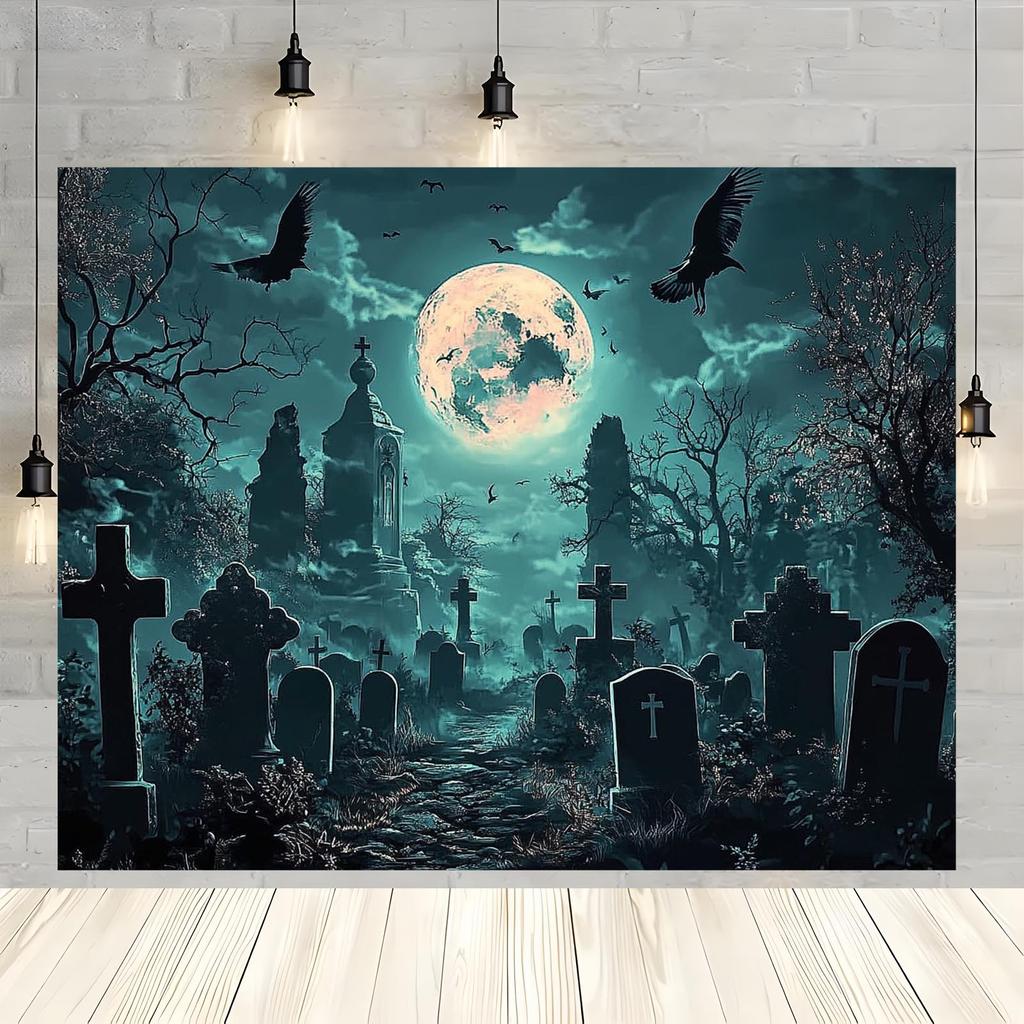 One Halloween horror moonlit cemetery backdrop banner - Gothic-style cemetery scene with a full moonzyc