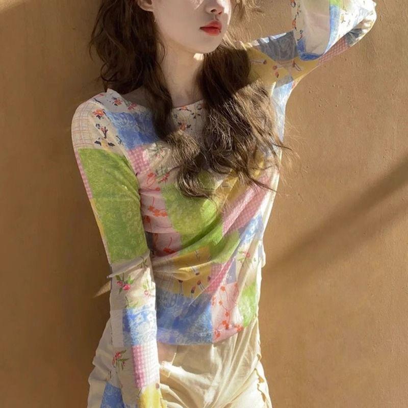Flared-Sleeve Mesh Summer Thin Long-Sleeve Sun-Protection Printed Design Korean-Style Slim-Fit Trendy Cover-Up for Women
