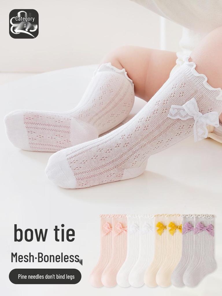 Sommer-Netz-Baumwollsocken mit Schleife für Mädchen (Wadenlänge)