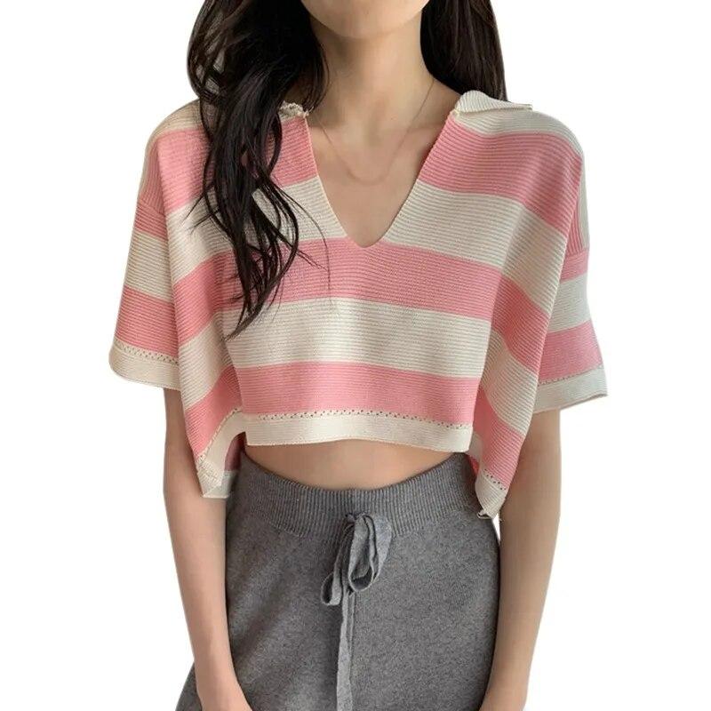 

Цветной полосатый короткий свитер с V-образным вырезом и коротким рукавом Свободный короткий свитер One Size