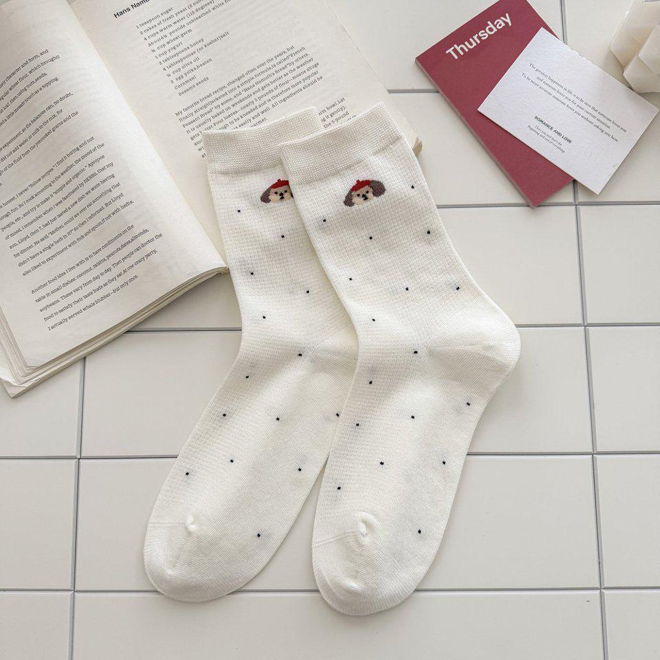 Women s Striped Seamless Cotton Mid-Calf Socks - Korean Style, Cute Puppy Design, Spring/Autumn. белый