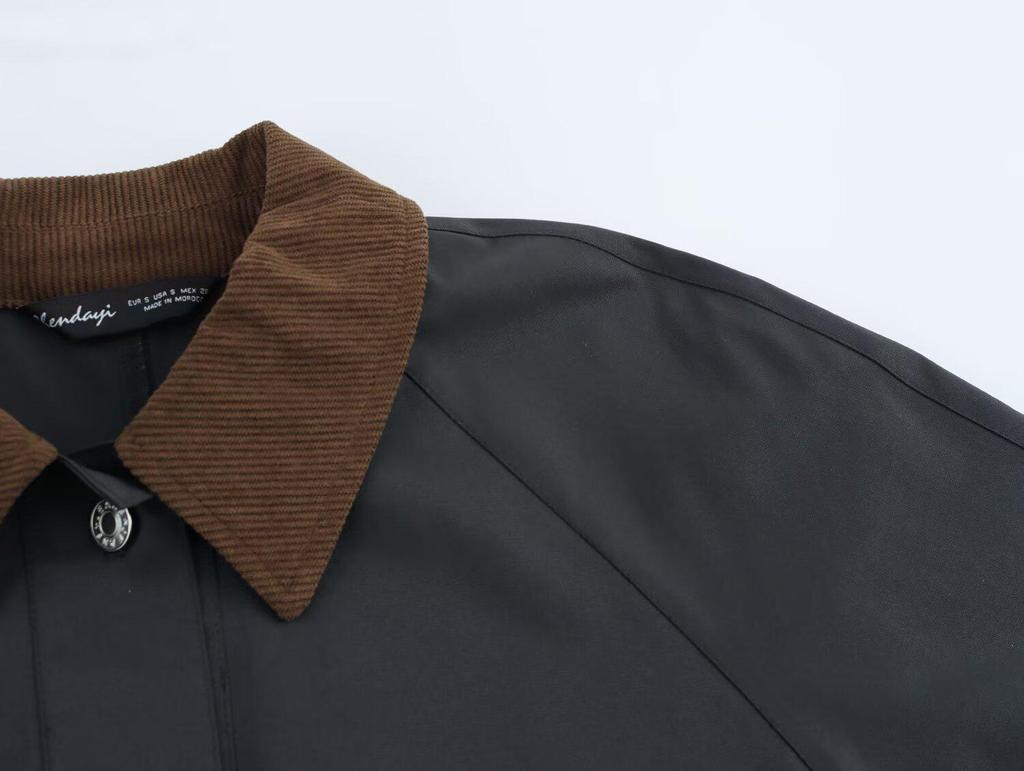 2024 Winter Women's European & American Style Corduroy Collar Waxed Leather Jacket