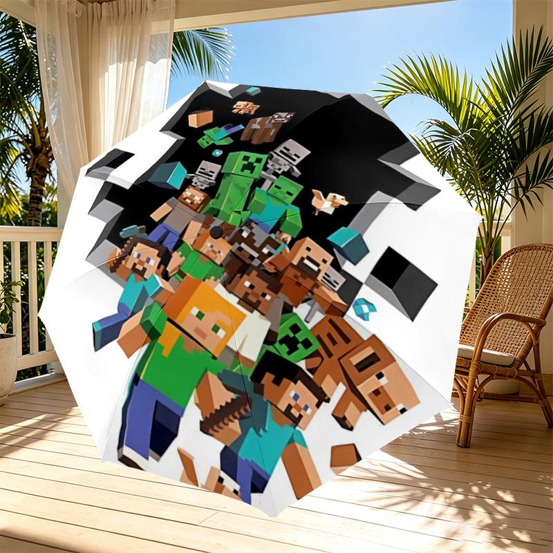 Minecraft Print Automatic Open Close Umbrella, Portable Foldable Umbrella, for Outdoor Commute Camping Trip, Ideal Birthday Gift