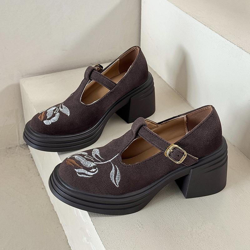 Fashion Platform Thick Heel British Style Retro Shoes Women's Embroidered High Heels Loafers Round Head Single Shoes Mary Jane Pumps