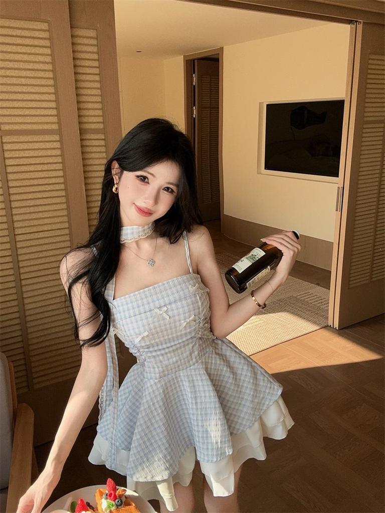 French sweet girl bow neck suspender dress pure desire temperament waist fluffy plaid princess short dress