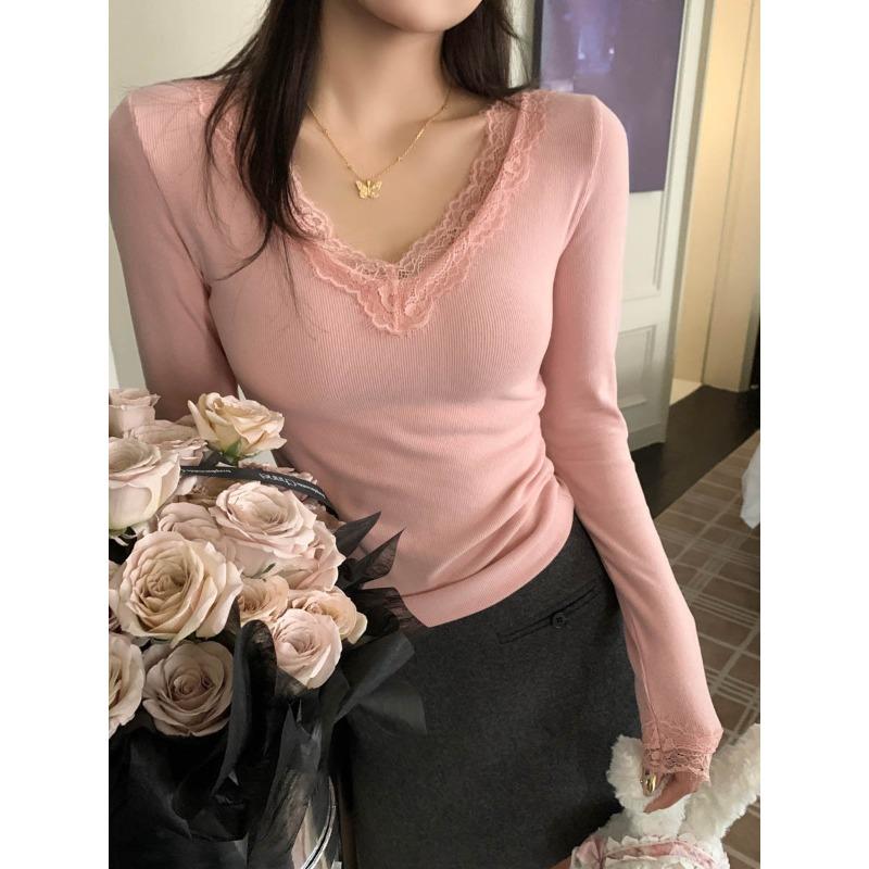 Neck lace low neck gray bottoming shirt women's inner with early autumn new slim black and white top