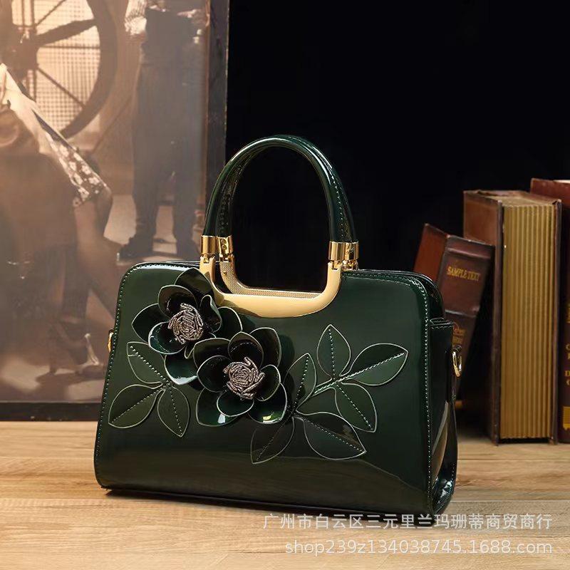 Solid Color Handmade 3D Embroidery Handbag Cross-Border Foreign Trade Exclusive Glossy Patent Leather Shoulder Tote Bag Crossbody Bag