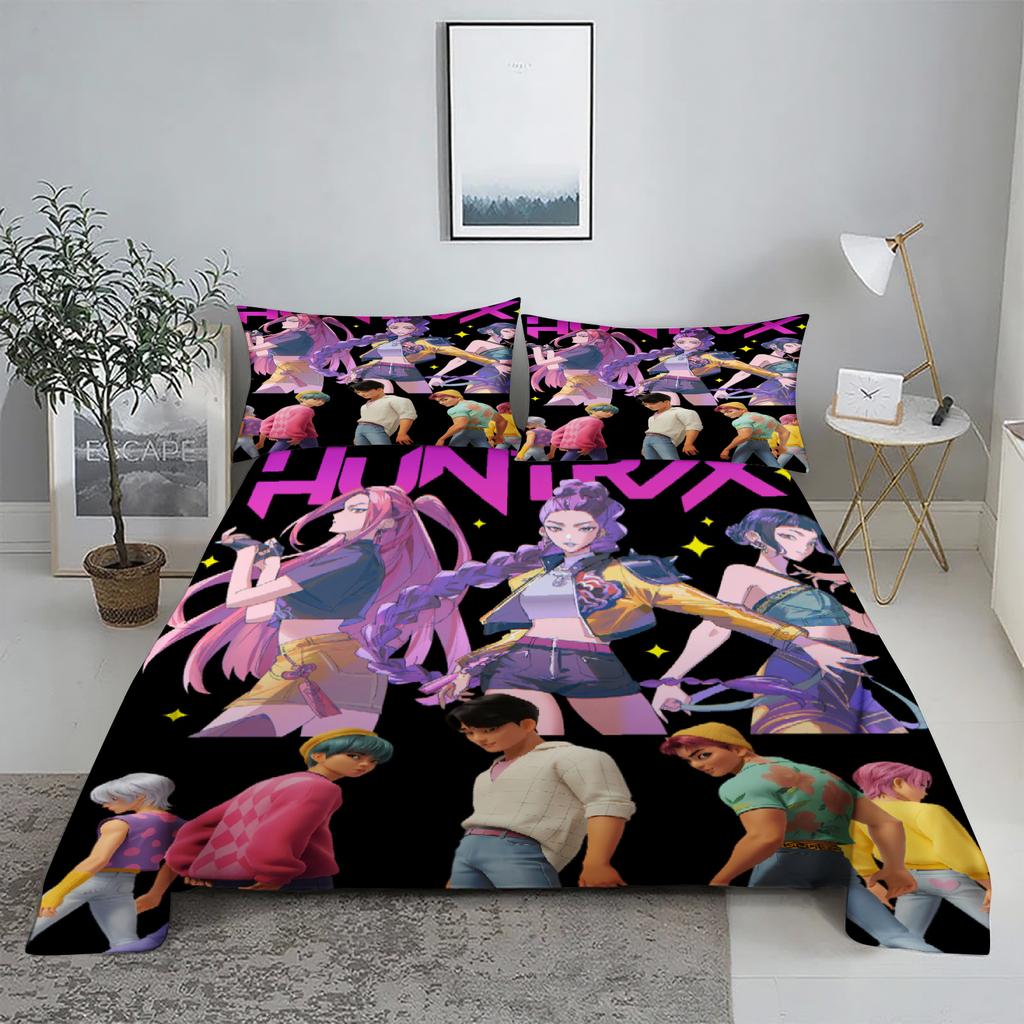 Huntrix, Rumi, Mira D-Dämonenjäger K-Pop Bettwäsche-Set 3D-bedrucktes Bettlaken mit Kissenbezug Bettwäsche King Queen Size
