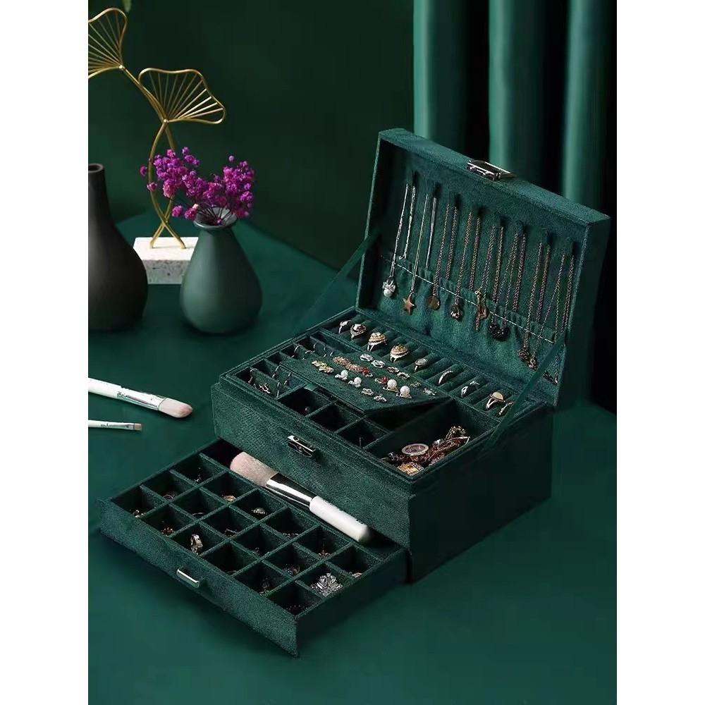 High-end Three-layer Green Jewelry Box With Lock Velvet Earrings Necklaces Bracelets Storage Box Large Capacity