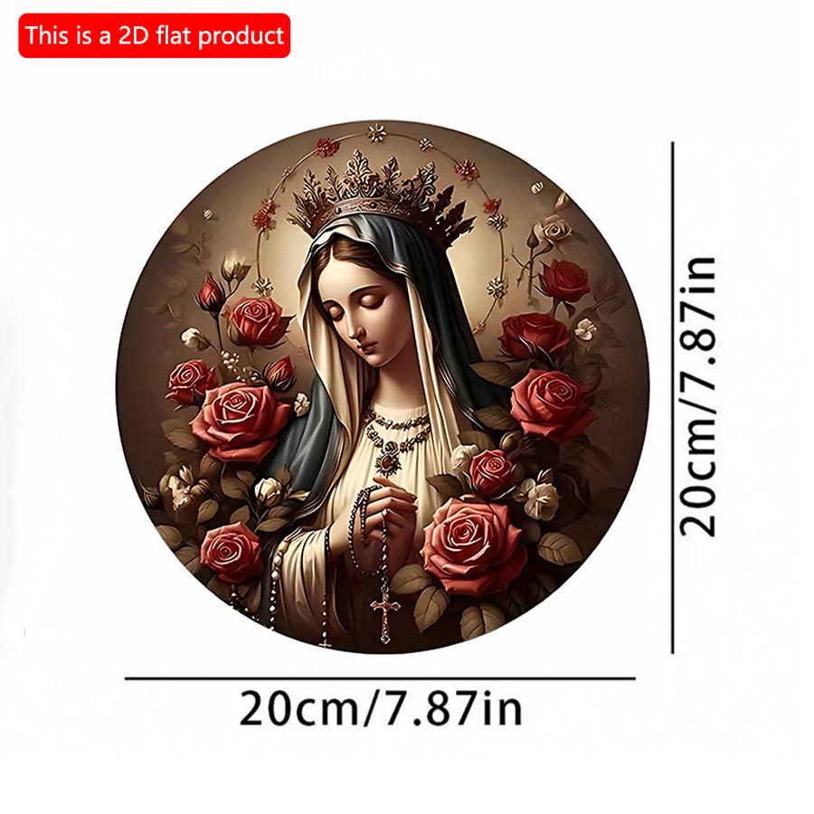2D Flat 20cm1pc Virgin Mary Round Wooden Wall Hanging Decor, Rose Wreath Design Multifunctional Waterproof Home Decor Su