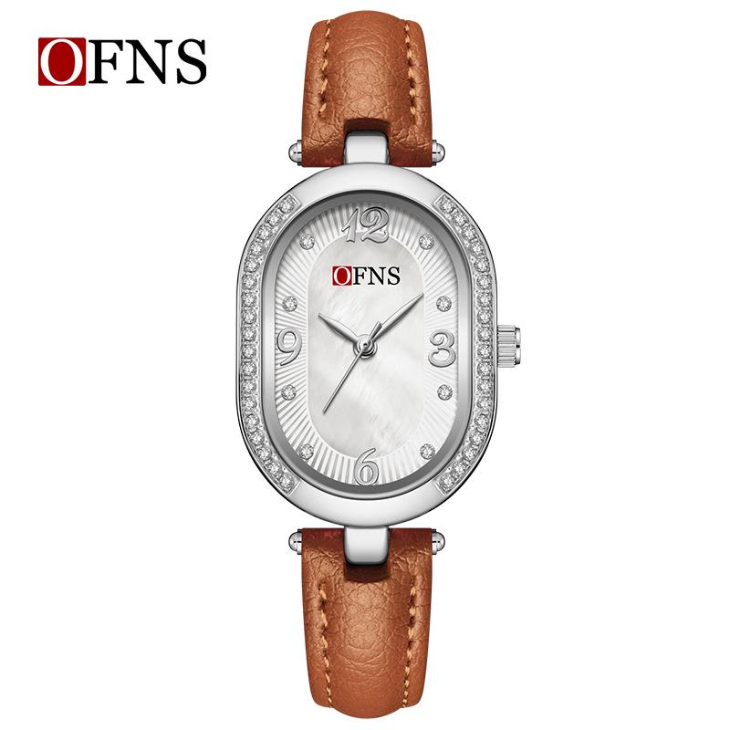 Oufanni Women's Vintage-Style Diamond-Inlaid Oval Mother-of-Pearl Watch - Waterproof Quartz with Light Luxury Appeal