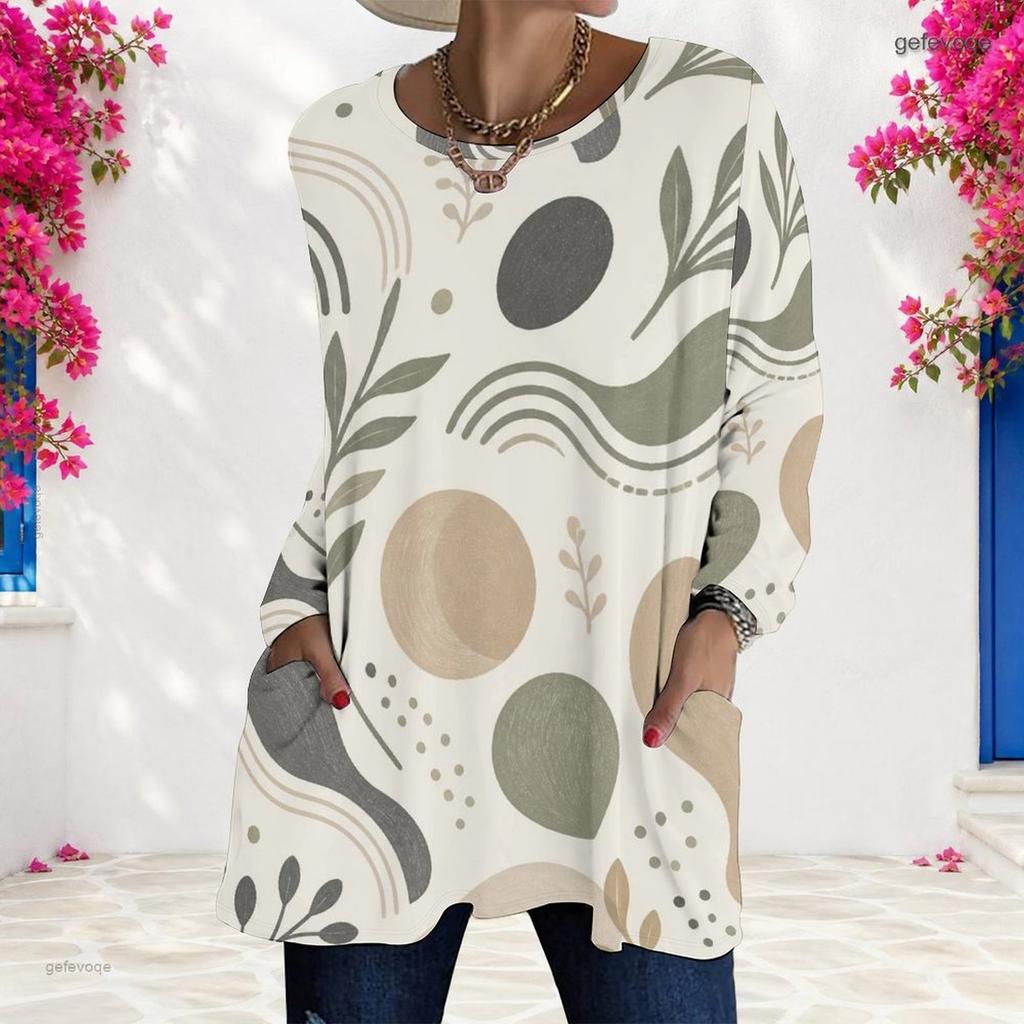 Women Plus Size Round Neck Long Sleeve Printed Loose Fit Longline T Shirt With Pockets