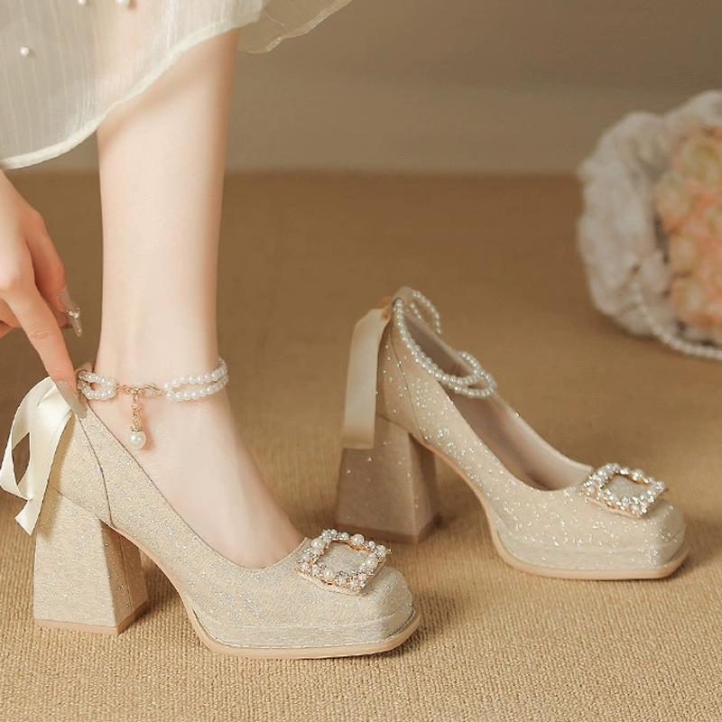 Champagne Ladies Platform High Heels 2025 Summer Female Luxurious Rhinestones Wedding Bridal Shoes Sweet Beaded Women's Pumps