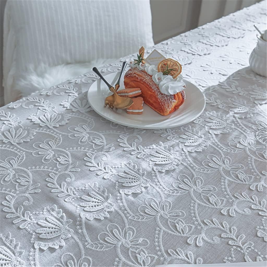 Weißer Spitzentischdecke für rechteckige Tische, Rustikaler bestickter Tischdecke für Abendessen, Hochzeit, Empfang, Heimdekoration