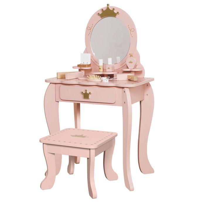 Coiffeuse Enfant - GINGER HOME - Bois Massif - Miroir Ovale - Accessoires Inclus
