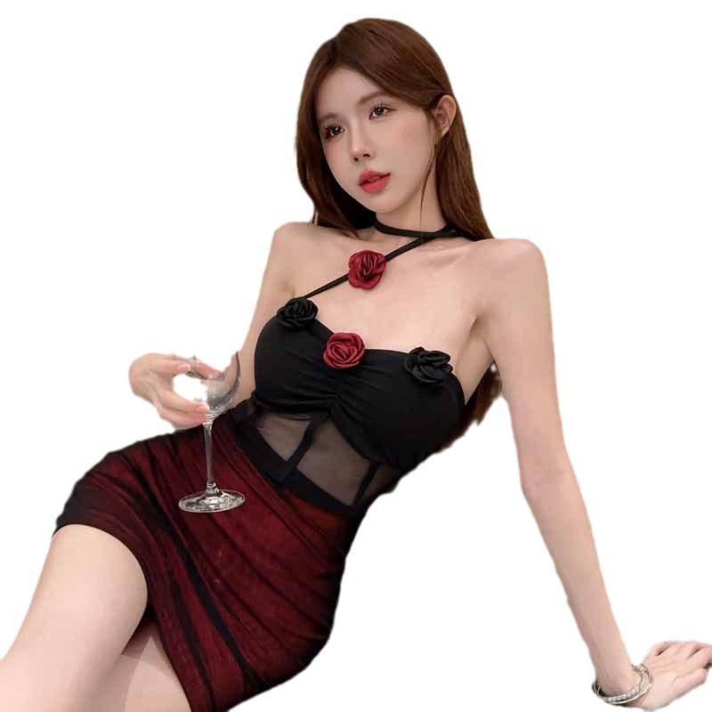 Sexy Spice Girl Skinny Double Mesh Splicing Tub Top Femininity Three-dimensional Flower Hollow Folds Hip Wrap Skirt Tide