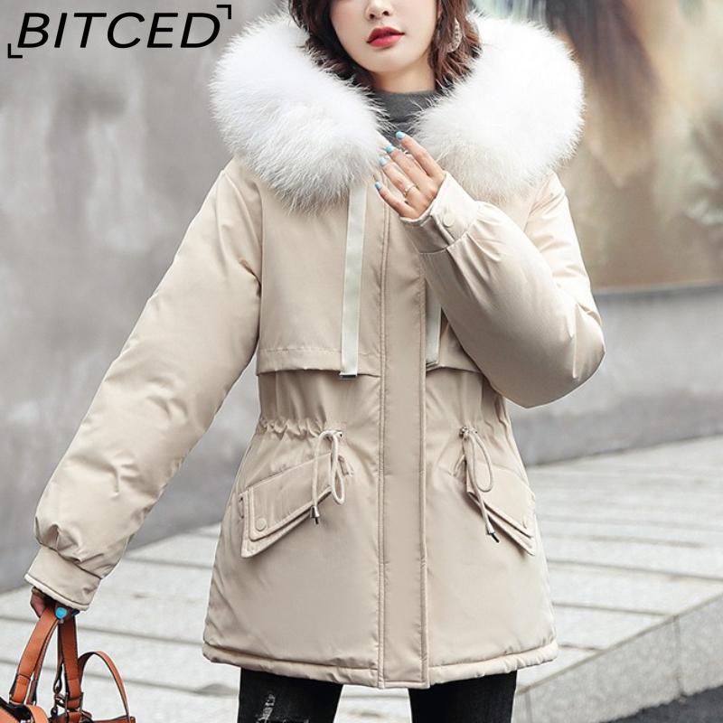 BITCED Women's Mid-Length Drawstring Cotton Coat with Fleece Lining Loose-Fit Puffer Jacket with Down-Fill Cotton Padding Winter Outerwear