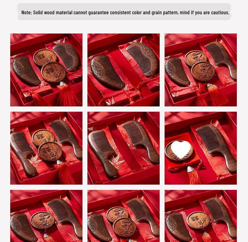 Red Wedding Comb Set for Brides - Elegant Mirror and Hair Combs