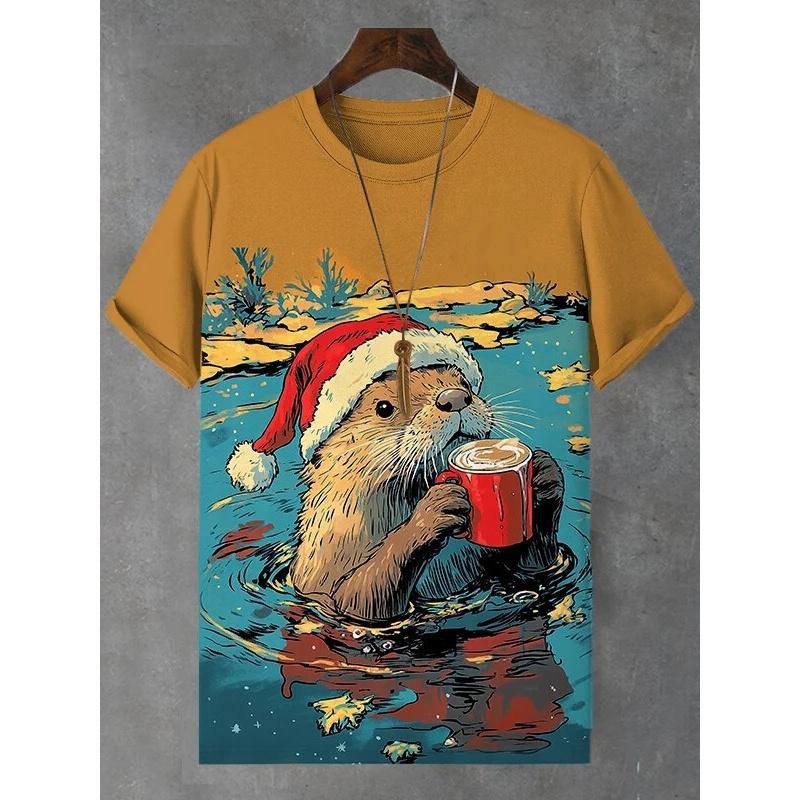 

Милая мужская футболка с рисунком выдры, кошки, панды, забавные футболки с 3D-принтом в виде животных, повседневные топы с коротким рукавом, уличная спортивная одежда унисекс 5XL