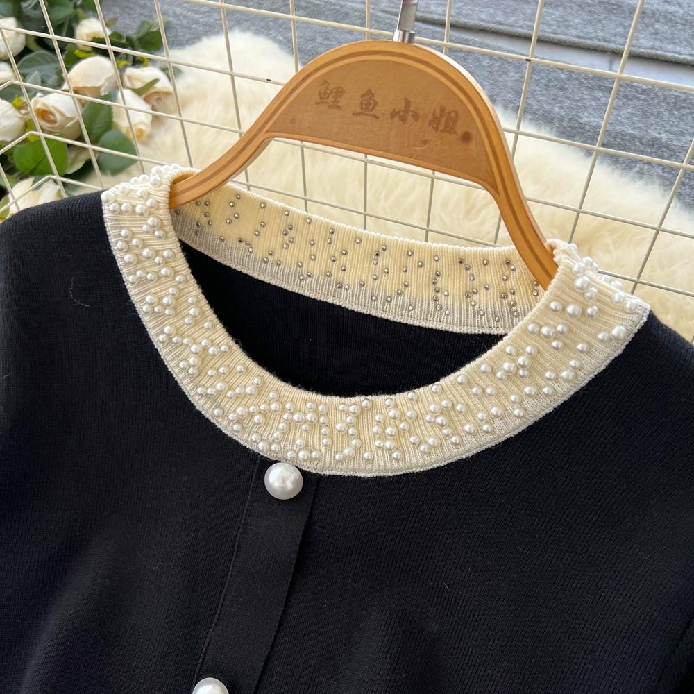Autumn Winter Women Vintage Black Knitted Sweater Pullover Dresses with Beading