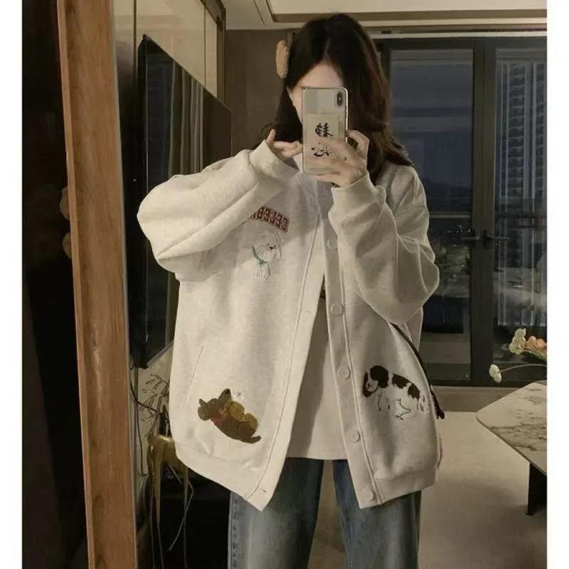 Unisex Retro Cartoon Puppy Cardigan for Spring/Autumn - Versatile Loose-Fit Hoodie 2XL светло-серый