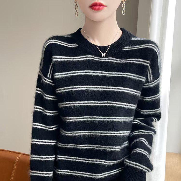 Trendy Korean Style Striped Crew Neck Pullover Cardigan Sweater