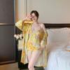 Sexy pajamas women's ice silk suspender shorts three-piece set pure desire with chest pad yellow robe popular loungewear