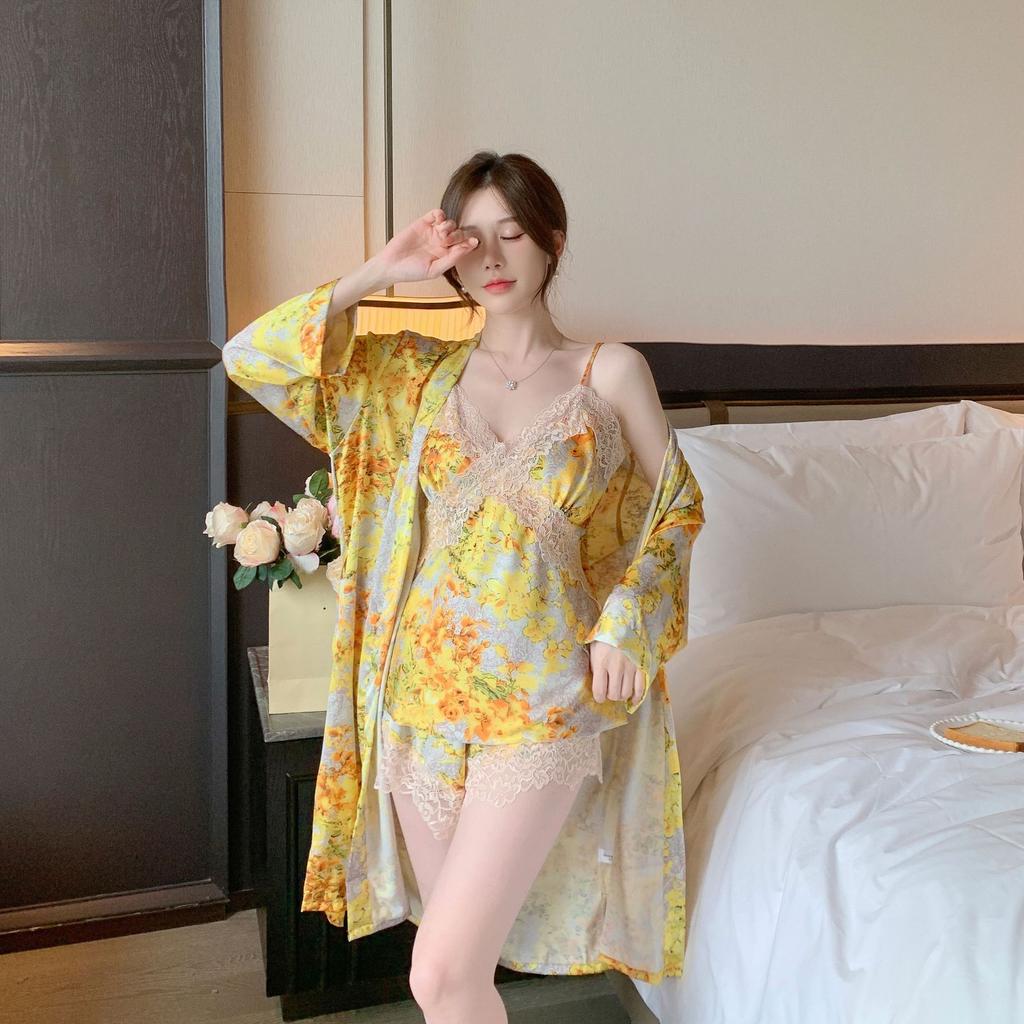 Sexy pajamas women's ice silk suspender shorts three-piece set pure desire with chest pad yellow robe popular loungewear