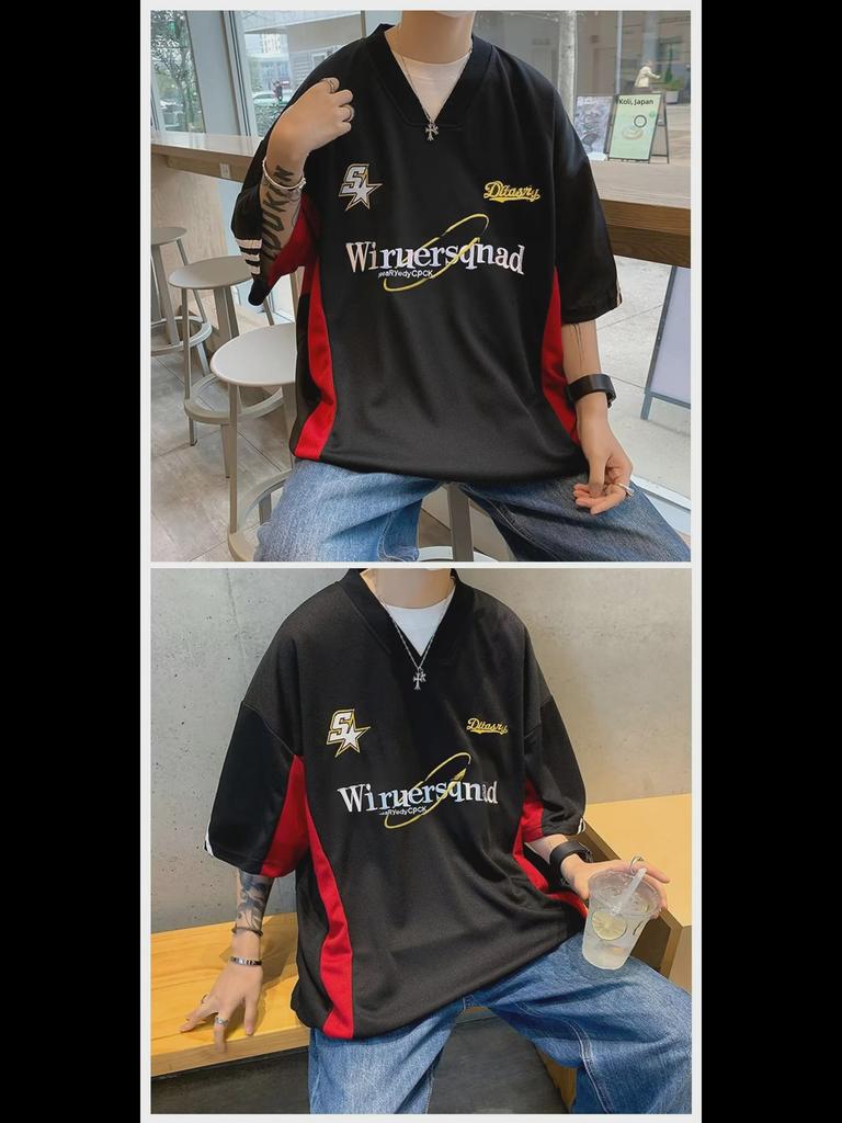 Boys' New Summer V-Neck Embroidered T-Shirt with Five-Point Sleeves – Fashionable and Simple Design