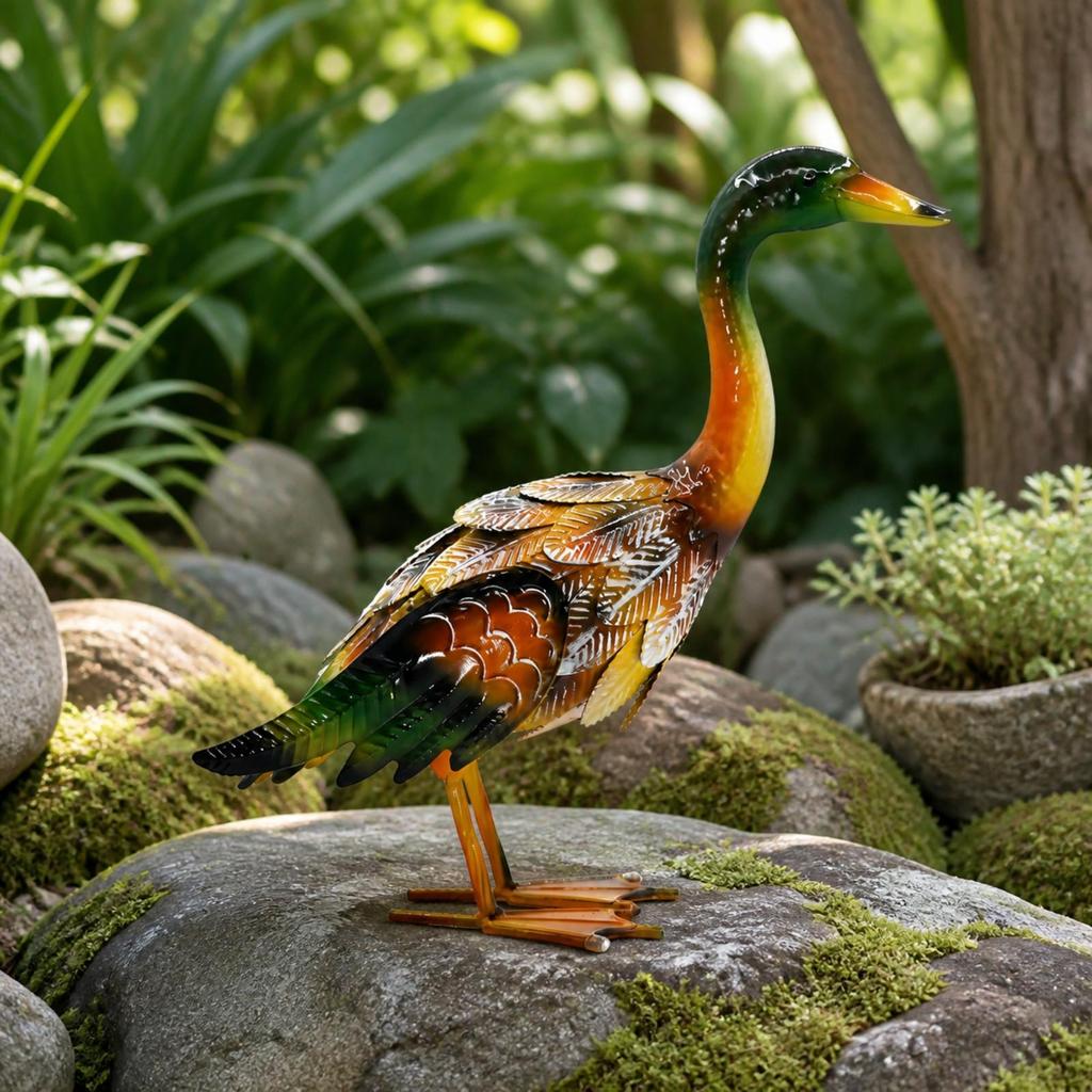 Metal Duck Garden Statue Hand-Painted Bird Decoy Nature-Nature-Themed for Patio