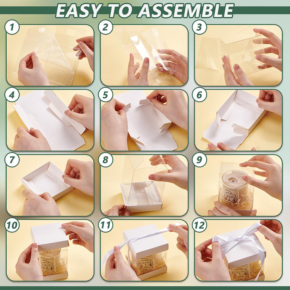 10Pcs Clear PET Gift Storage Boxes with Paper Base Rectangle Gift Packaging Cases with 1 Roll Ribbon White 8x8x14cm