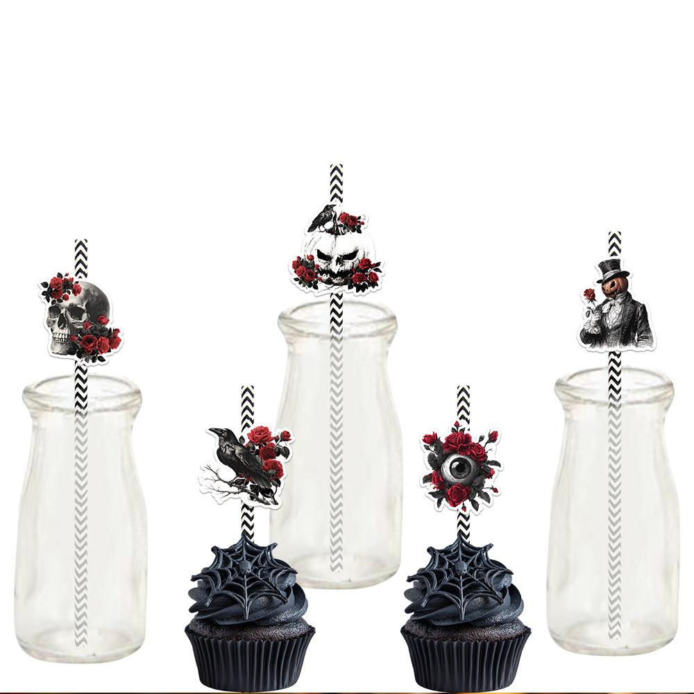 Rose Skull Halloween Paper Straw Set Parties Events Disposable Decor Beverage