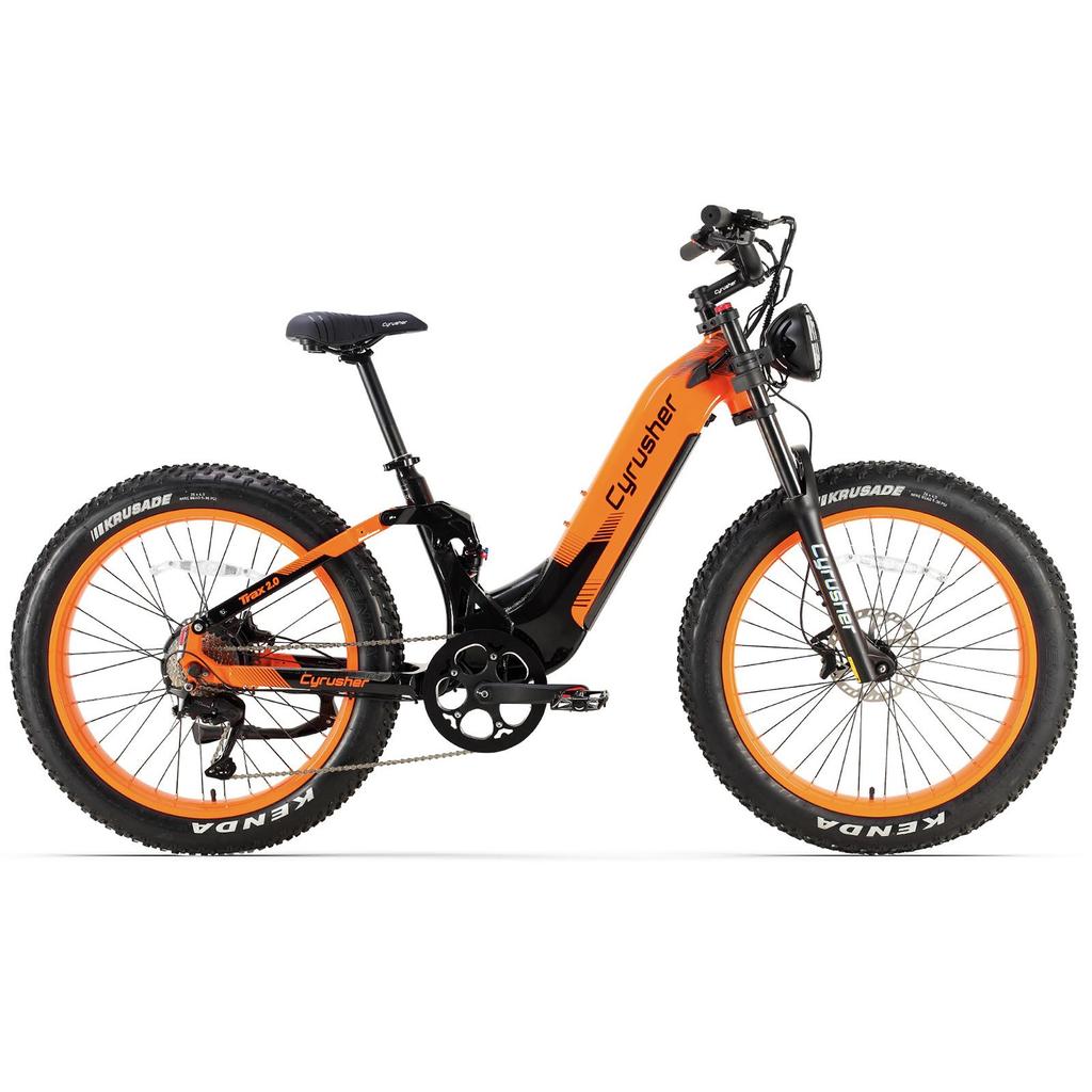 Cyrusher Trax 2.0 Blue/Orange/Gray 250W Bafang Motor, 52V 20Ah Battery, 26x4.0-inch Tires, 9-Speed Dual-Suspension Electric Mountain Bike