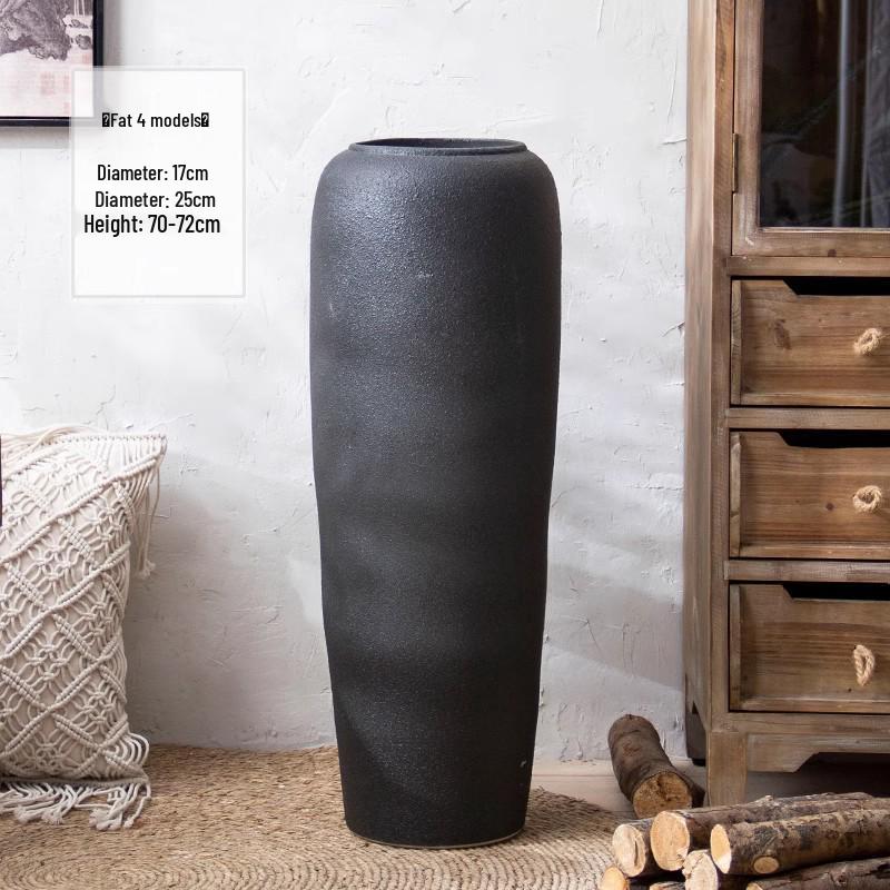 Jingdezhen Black Coarse Pottery Floor Vase: Modern Minimalist Japanese Decor for Hotel, Homestay, or Living Room.